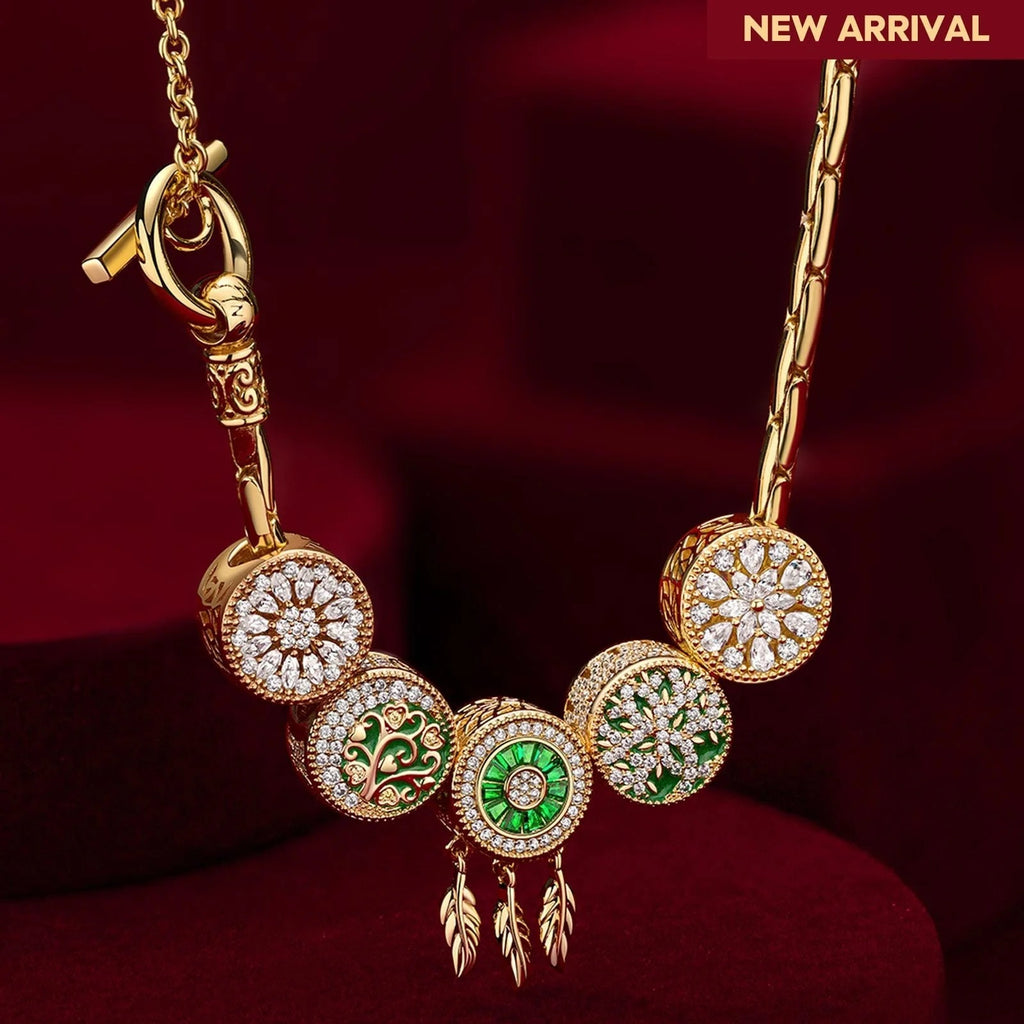 Sterling Silver Dreamweaving in Greenery Enamel Charms Necklace Set – 14K Gold Plated