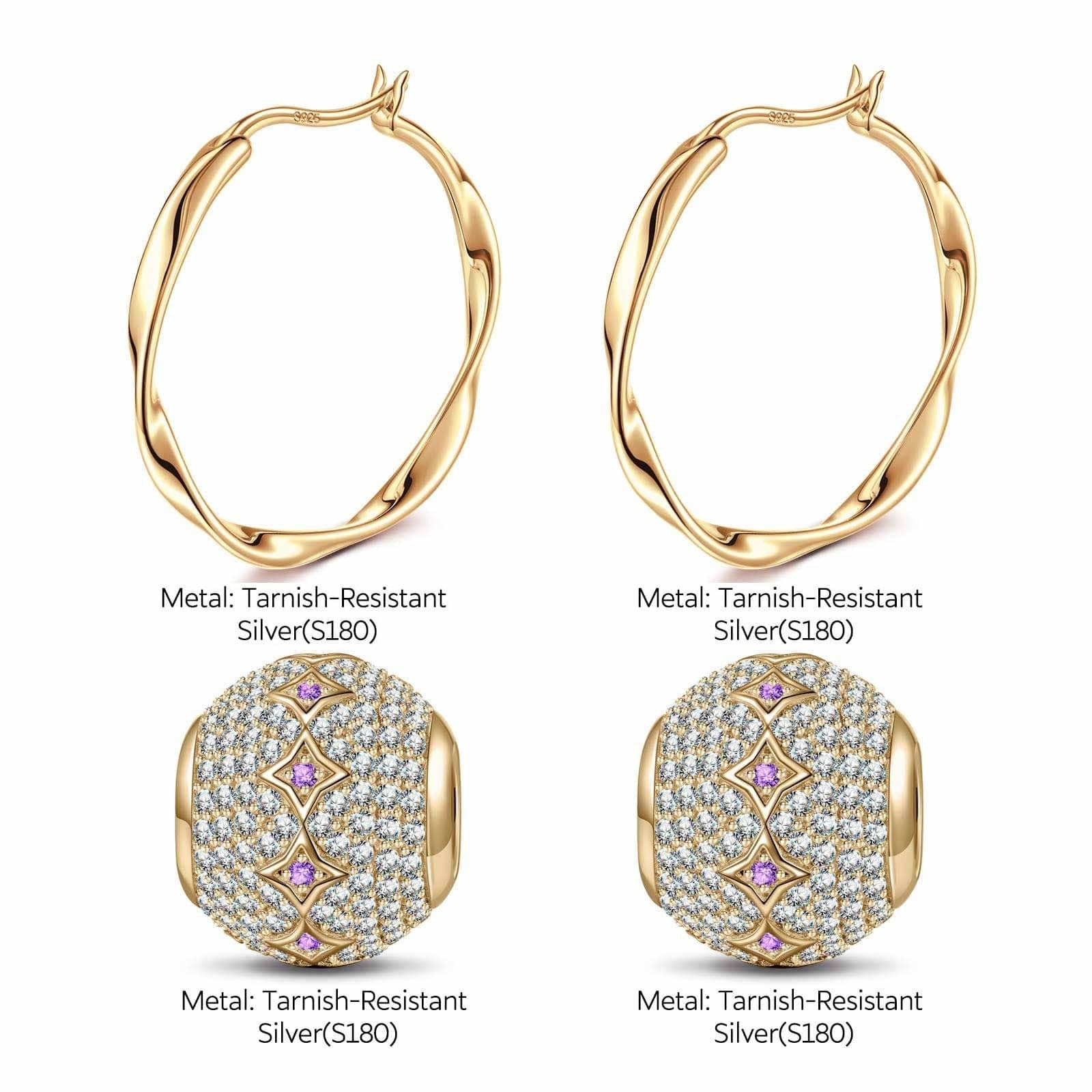 Violet Star Tarnish-Resistant Silver Charms Earrings Set M Size Classic Hoop Earrings with Sterling Silver Ear Post In 14K Gold Plated