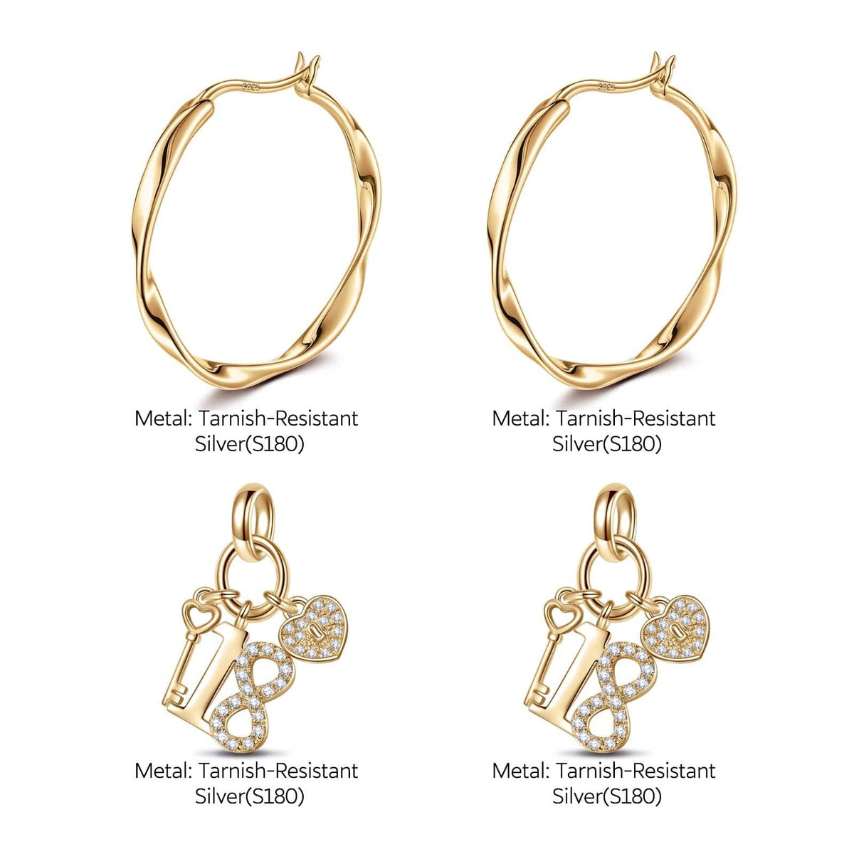 Forever Young Tarnish-Resistant Silver Charms Earrings Set M Size Classic Hoop Earrings with Sterling Silver Ear Post In 14K Gold Plated