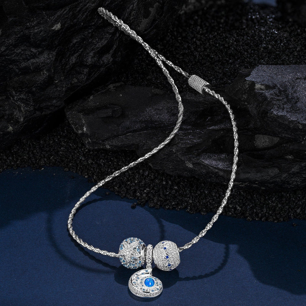 Sterling Silver Whispers in the Ocean Charms Necklace Set – White Gold Plated
