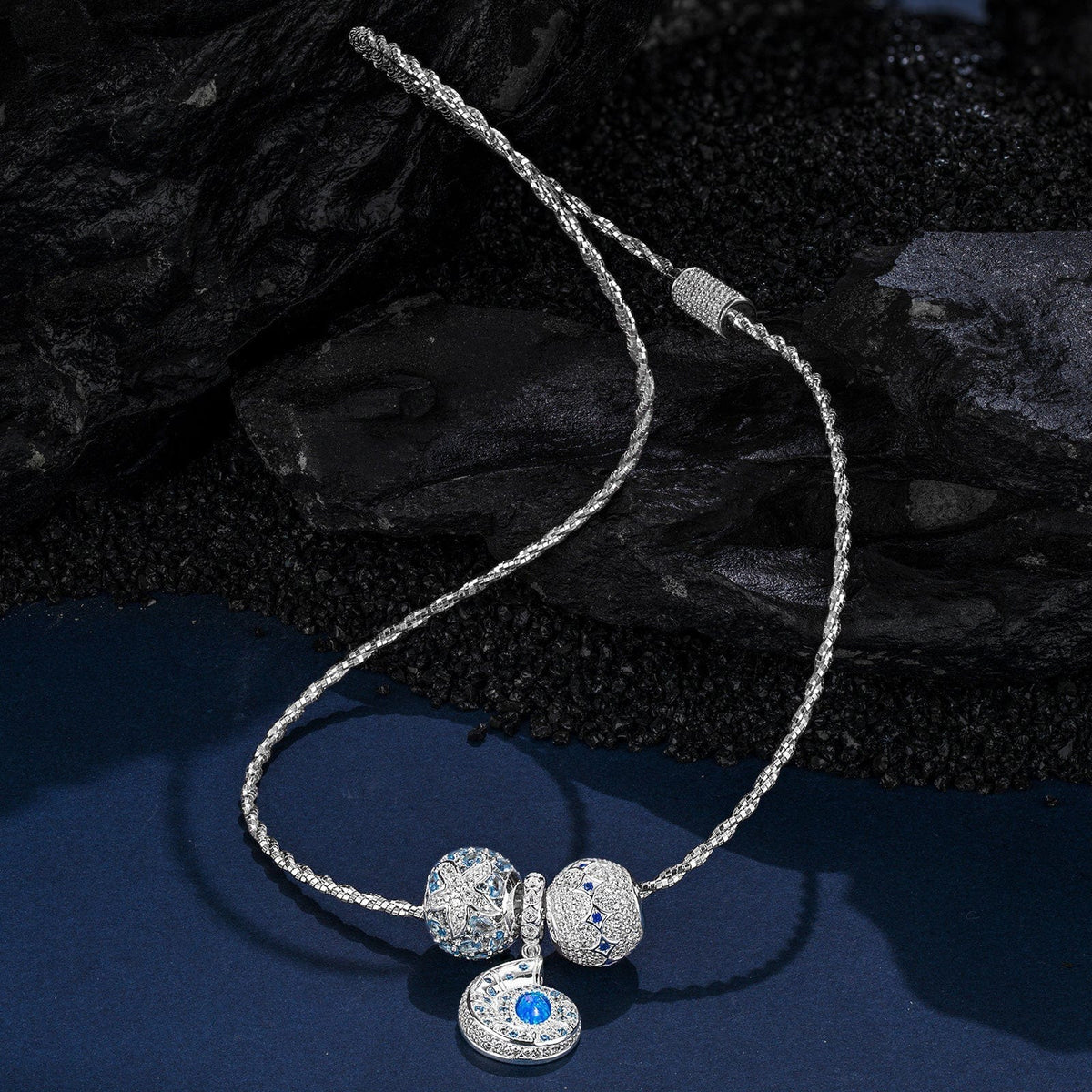 Sterling Silver Whispers in the Ocean Charms Necklace Set – White Gold Plated