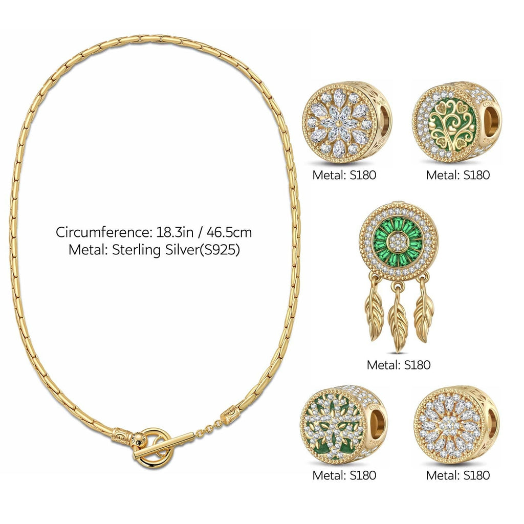 Sterling Silver Dreamweaving in Greenery Enamel Charms Necklace Set – 14K Gold Plated