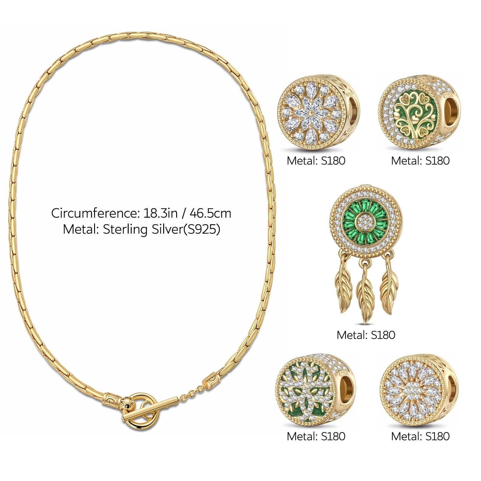 Sterling Silver Dreamweaving in Greenery Enamel Charms Necklace Set – 14K Gold Plated