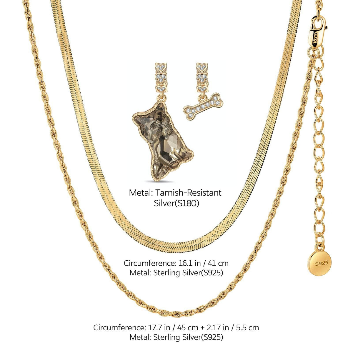 Sterling Silver Yorkie Love Charms Necklace Set with Crystal from Swarovski – 14K Gold Plated