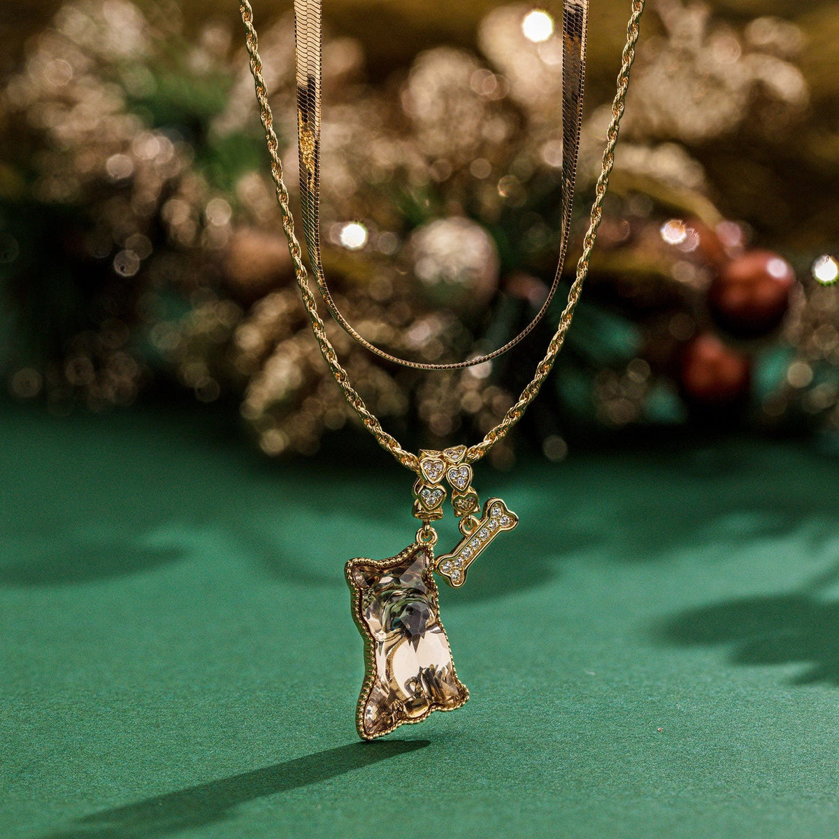 Sterling Silver Yorkie Love Charms Necklace Set with Crystal from Swarovski – 14K Gold Plated