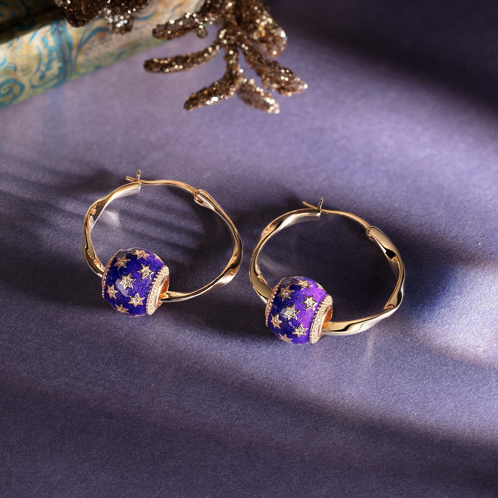 Violet Starry Sky Tarnish-Resistant Silver Charms Earrings Set L Size Classic Hoop Earrings with Sterling Silver Ear Post In 14K Gold Plated
