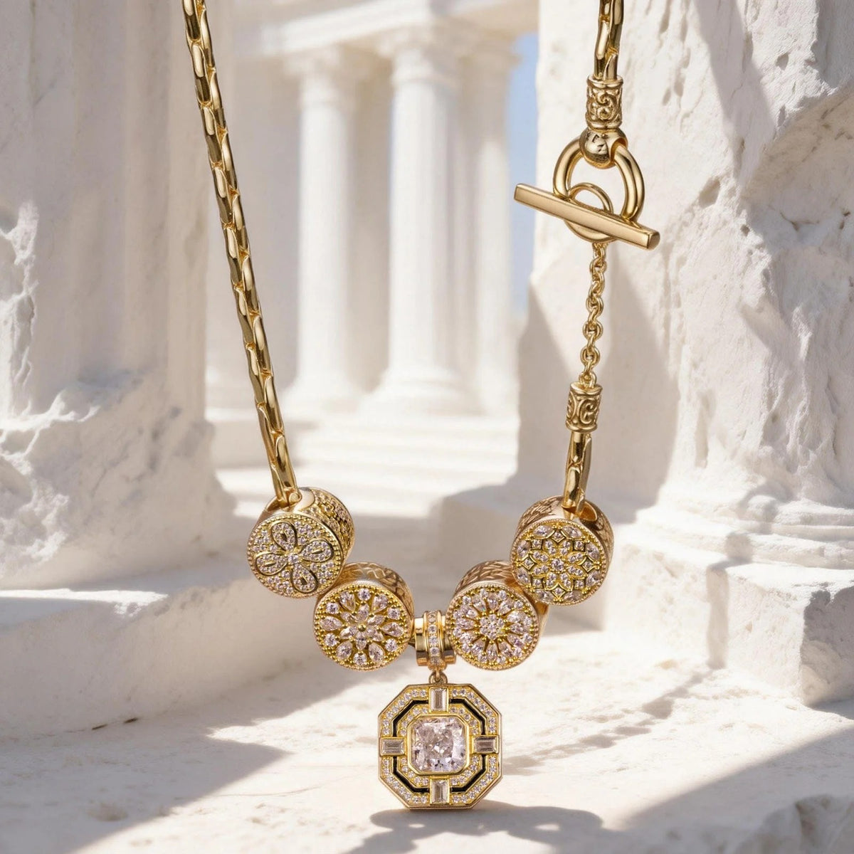 Sterling Silver Luminescent Elegance Charms Necklace Set – 14K Gold Plated