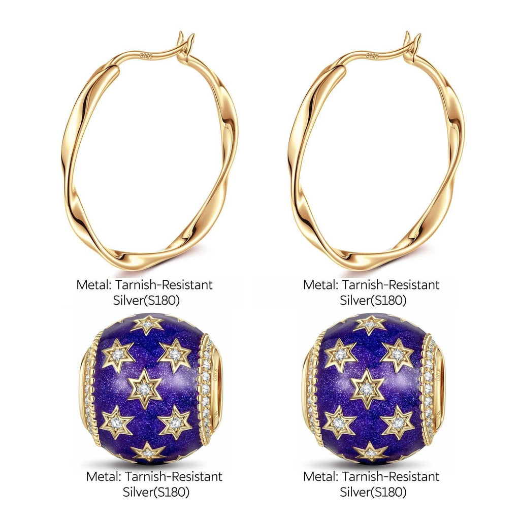 Violet Starry Sky Tarnish-Resistant Silver Charms Earrings Set L Size Classic Hoop Earrings with Sterling Silver Ear Post In 14K Gold Plated