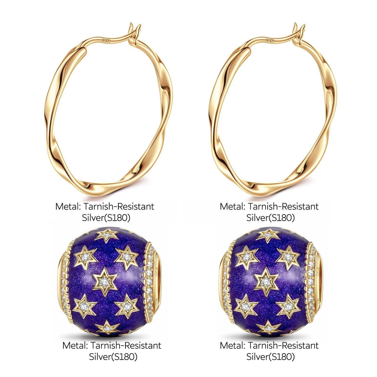Violet Starry Sky Tarnish-Resistant Silver Charms Earrings Set L Size Classic Hoop Earrings with Sterling Silver Ear Post In 14K Gold Plated
