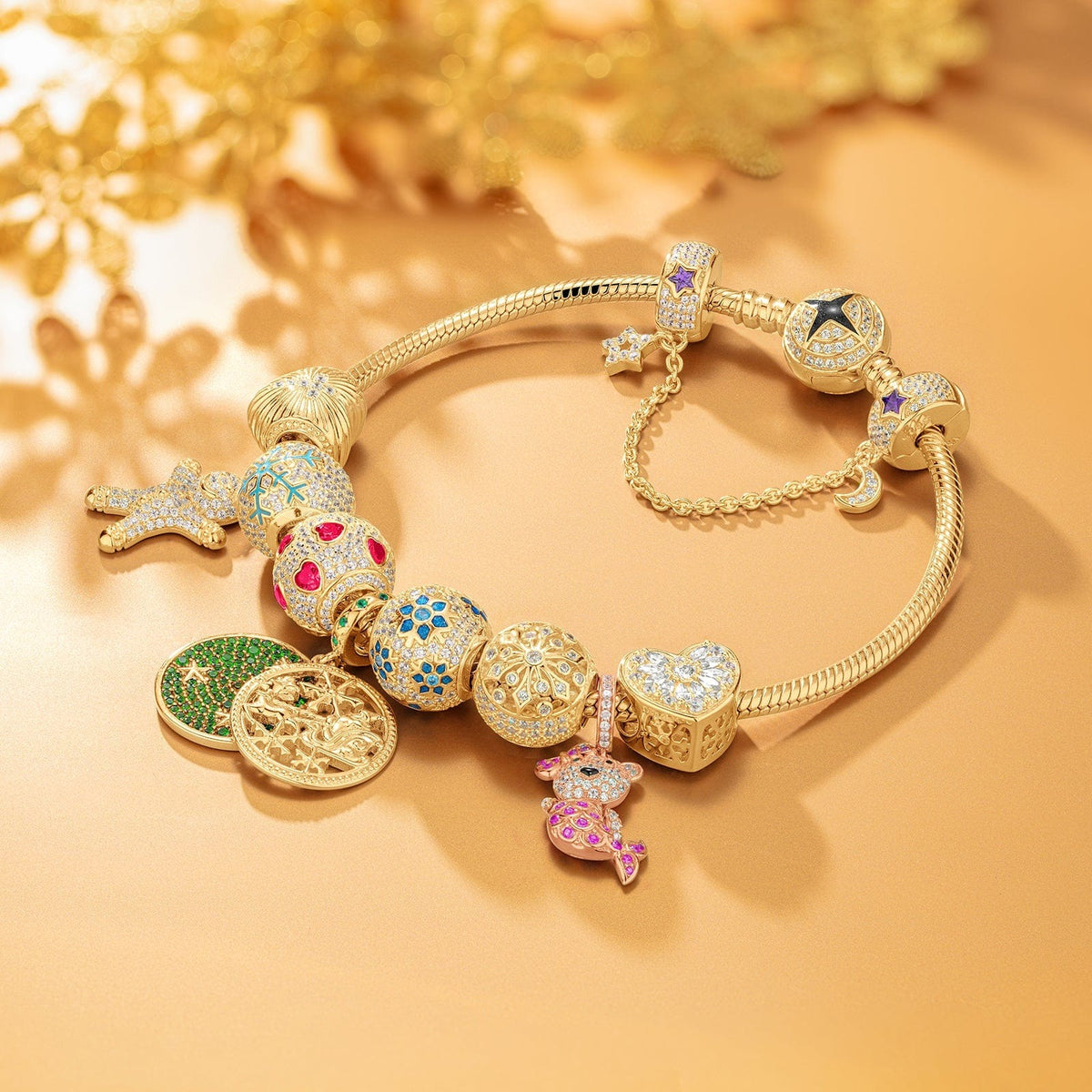 Green Christmas Night Tarnish-Resistant Silver Dangle Charms In 14K Gold Plated