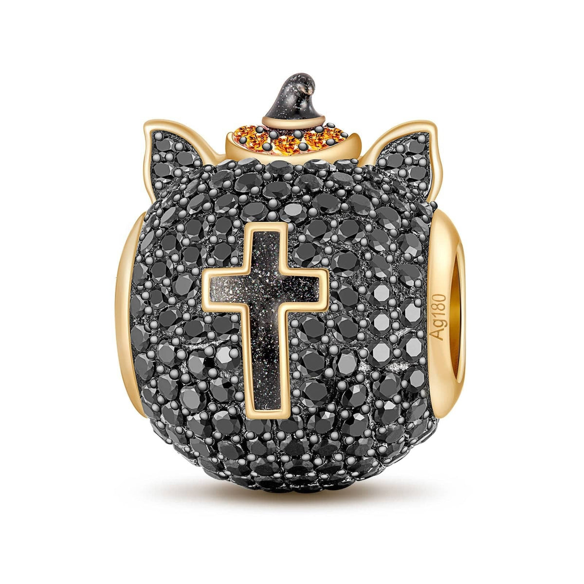 Halloween Black Cat Tarnish-Resistant Silver Charms With Enamel In 14K Gold Plated