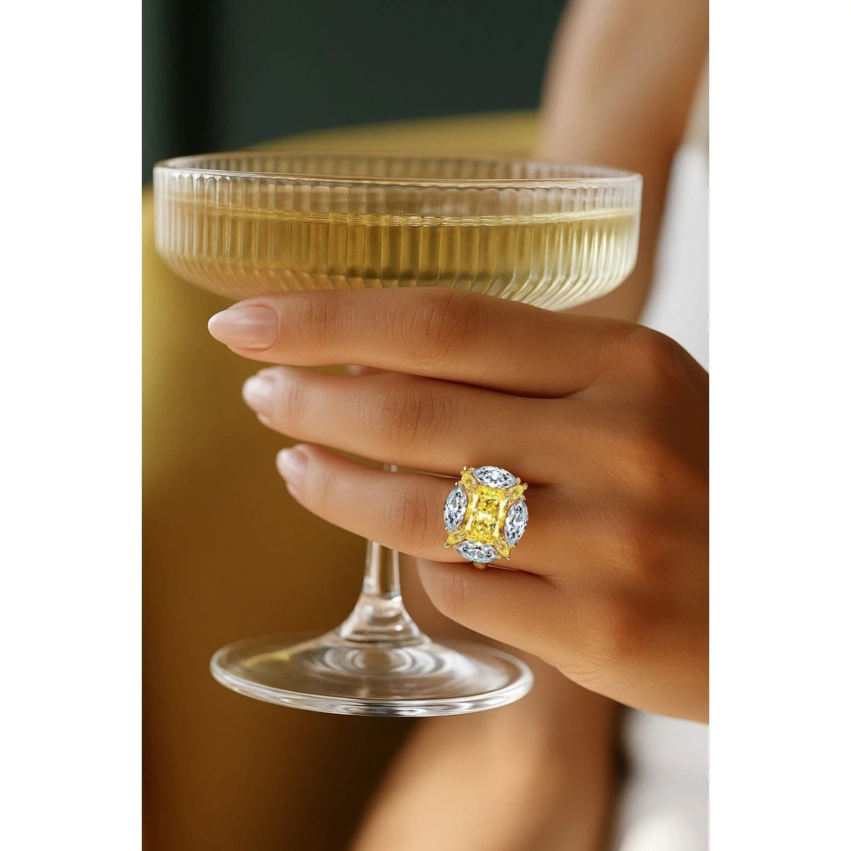 Cushion Modified Brilliant Cut Fancy Vivid Yellow Ice-Frosted Sparkle Lab Zircon Halo Classic Engagement Ring – 14K Yellow Gold Plated