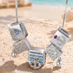 Sterling Silver Oceanic Exploration Rectangular Charms Necklace Set – White Gold Plated