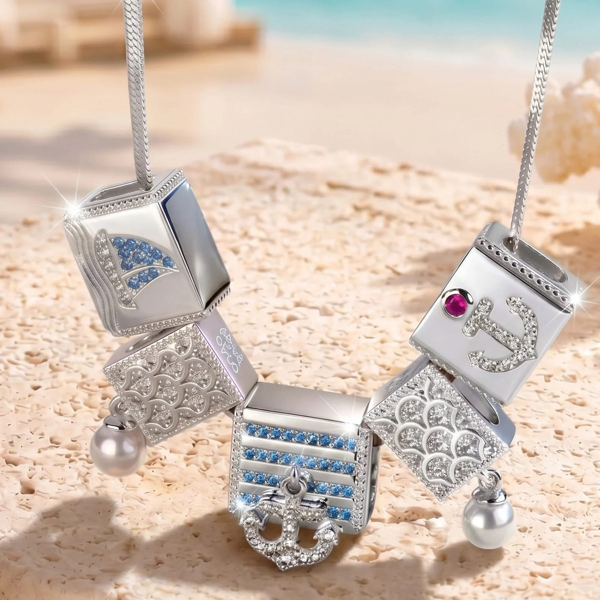 Sterling Silver Oceanic Exploration Rectangular Charms Necklace Set – White Gold Plated