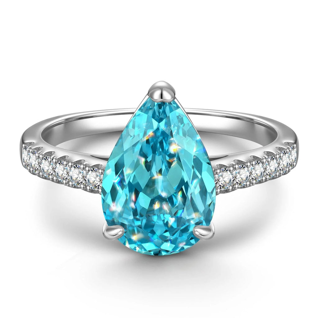 8×12mm Pear Modified Brilliant Cut Fancy Vivid Blue Ice-Frosted Sparkle Lab Zircon Pavé Classic Engagement Ring – White Gold Plated
