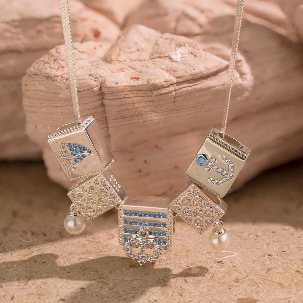 Sterling Silver Oceanic Exploration Rectangular Charms Necklace Set – White Gold Plated