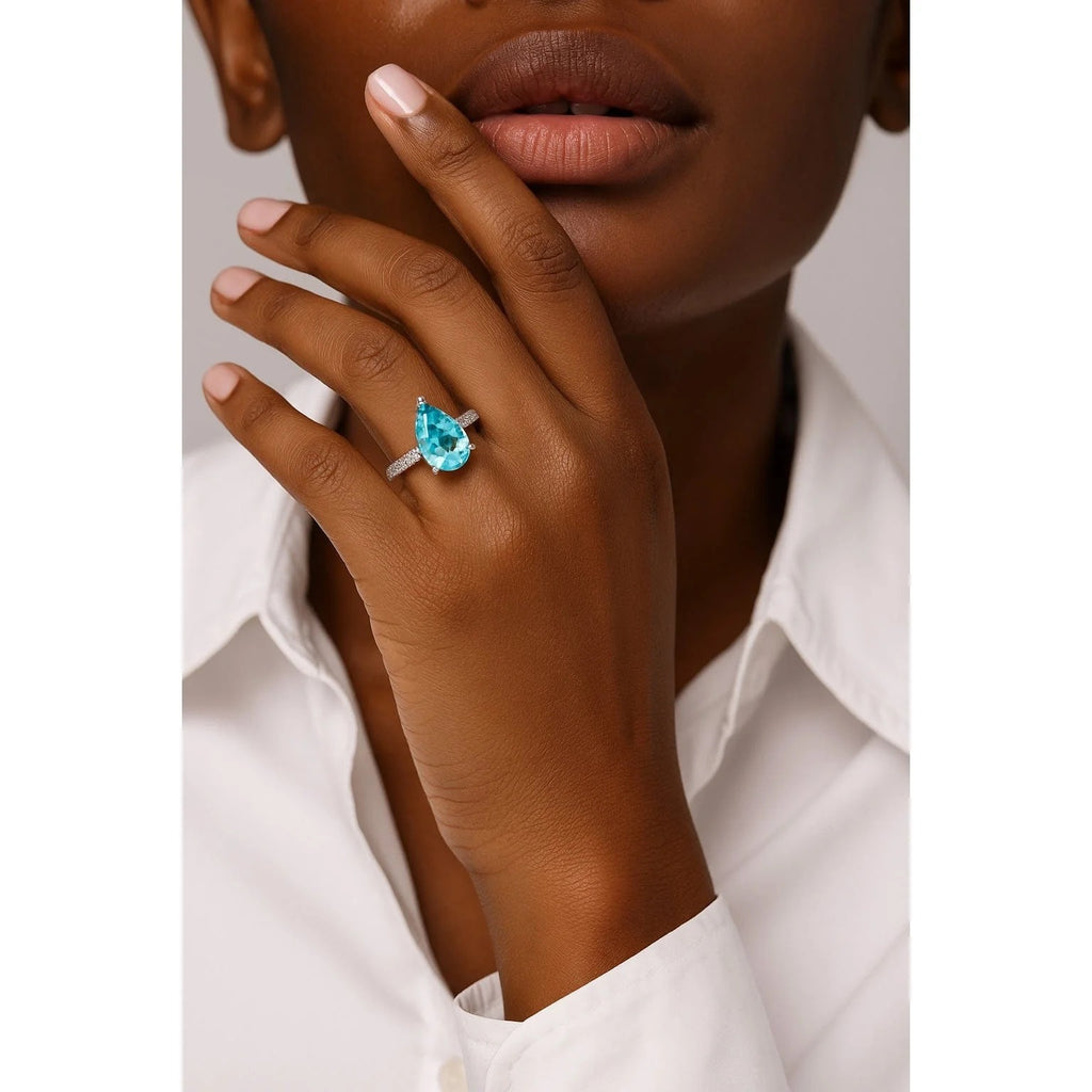 8×12mm Pear Modified Brilliant Cut Fancy Vivid Blue Ice-Frosted Sparkle Lab Zircon Pavé Classic Engagement Ring – White Gold Plated