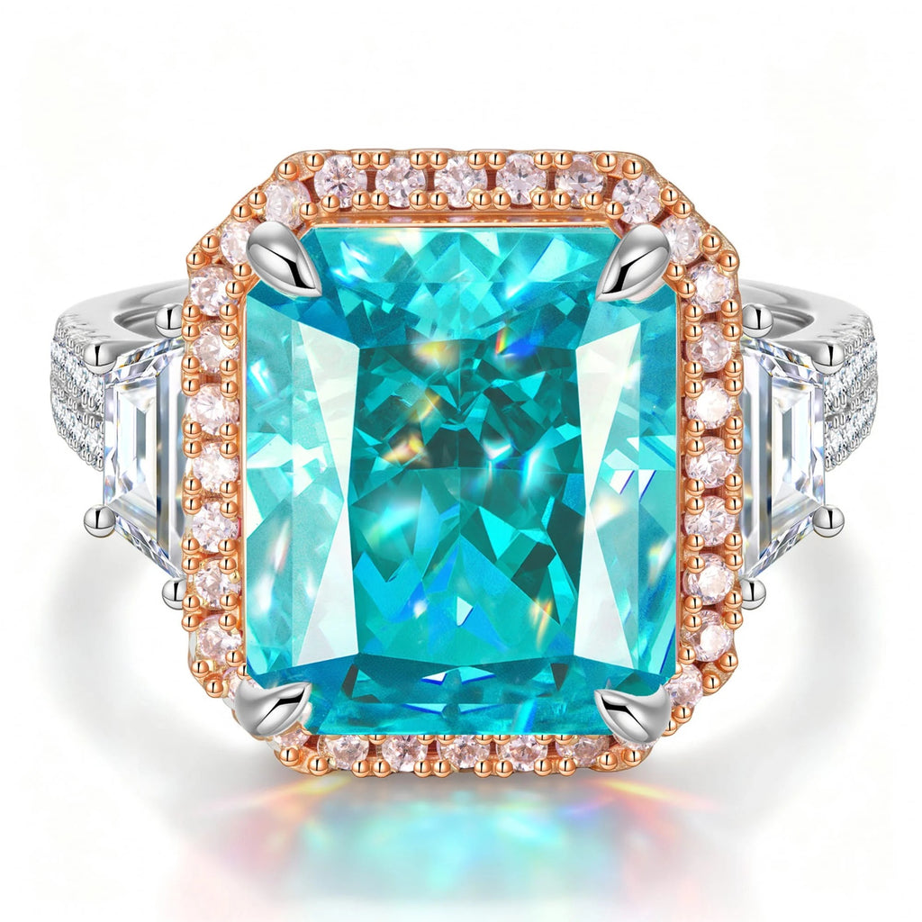 12x10mm Radiant Cut Fancy Vivid Blue Lab Zircon Pavé Engagement Ring – 14K Yellow Gold Plated