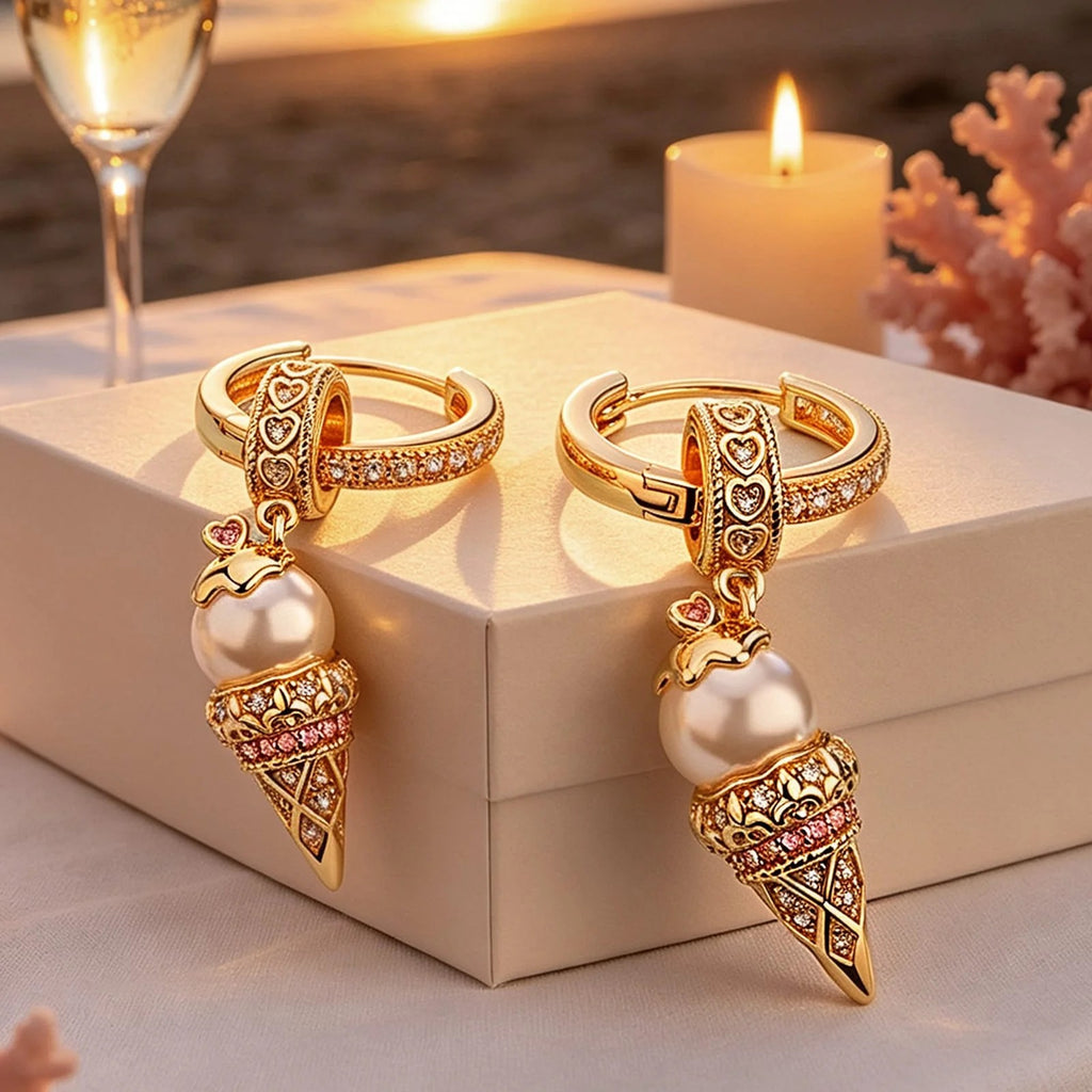 Sterling Silver Pearl Ice Cream Charms Earrings Set In 14K Gold Plated