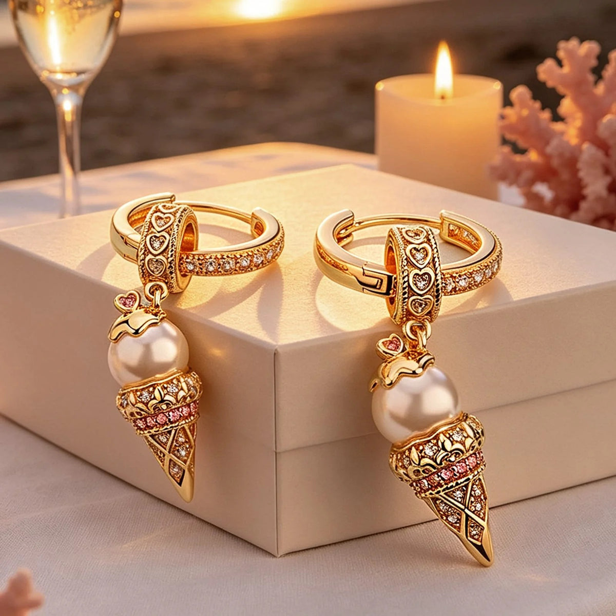 Sterling Silver Pearl Ice Cream Charms Earrings Set In 14K Gold Plated