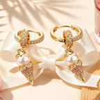 Sterling Silver Pearl Ice Cream Charms Earrings Set In 14K Gold Plated