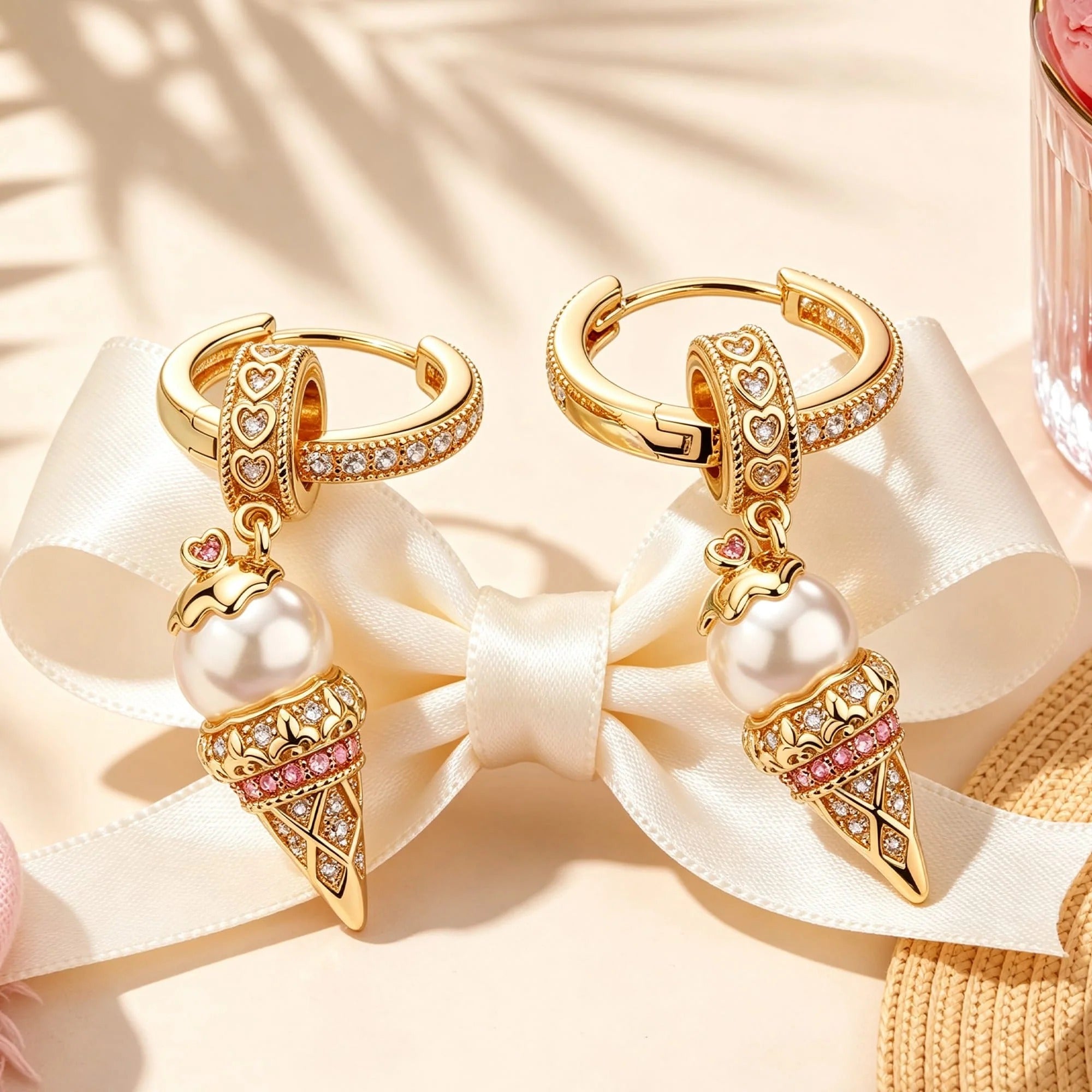Sterling Silver Pearl Ice Cream Charms Earrings Set In 14K Gold Plated