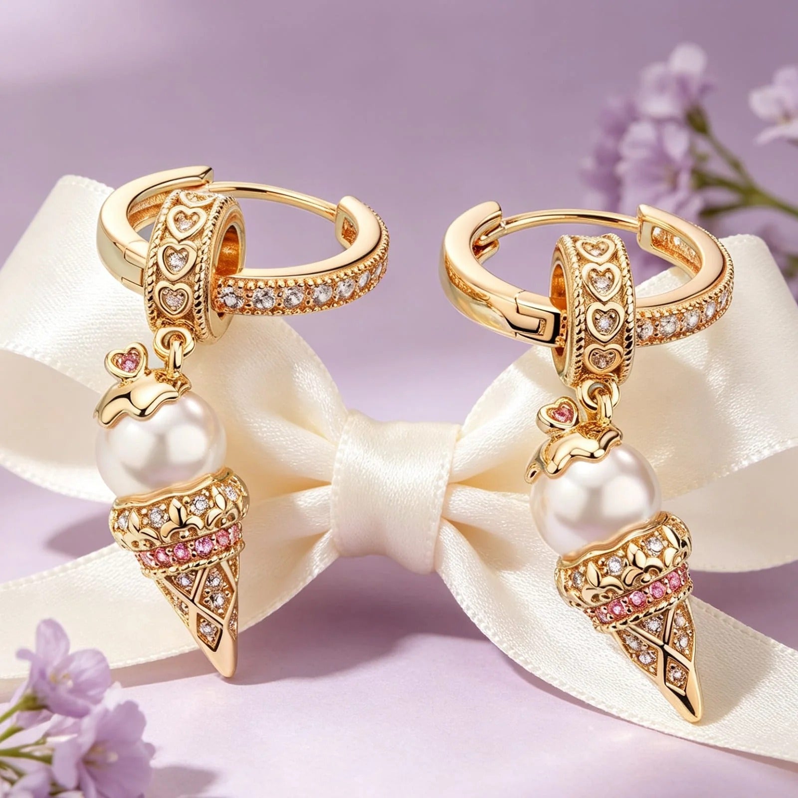 Sterling Silver Pearl Ice Cream Charms Earrings Set In 14K Gold Plated