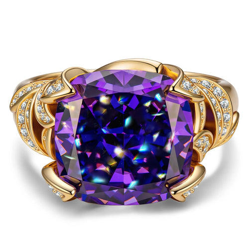 12x12mm Cushion Modified Brilliant Cut Ice-Frosted Sparkle Lab Zircon Pavé Classic Engagement Ring – 14K Yellow Gold Plated
