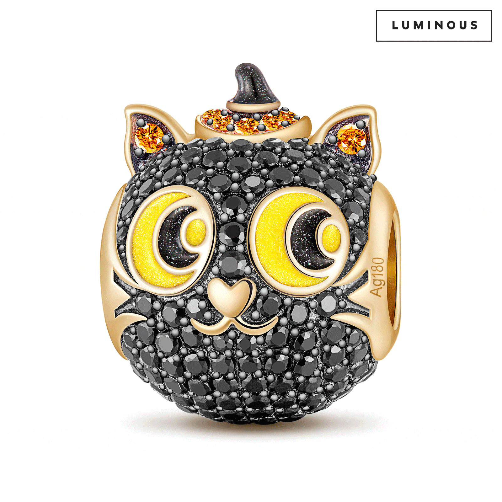 Luminous Halloween Black Cat Tarnish-Resistant Silver Charms With Enamel In 14K Gold Plated