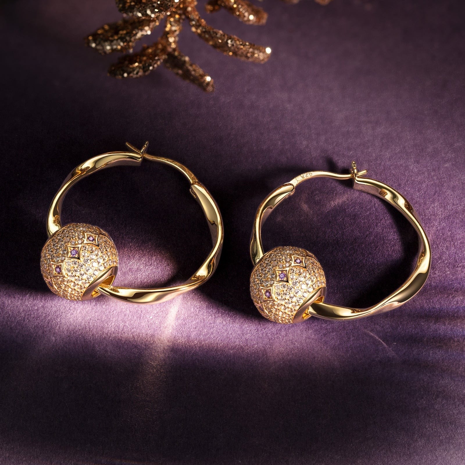 Violet Star Tarnish-Resistant Silver Charms Earrings Set M Size Classic Hoop Earrings with Sterling Silver Ear Post In 14K Gold Plated