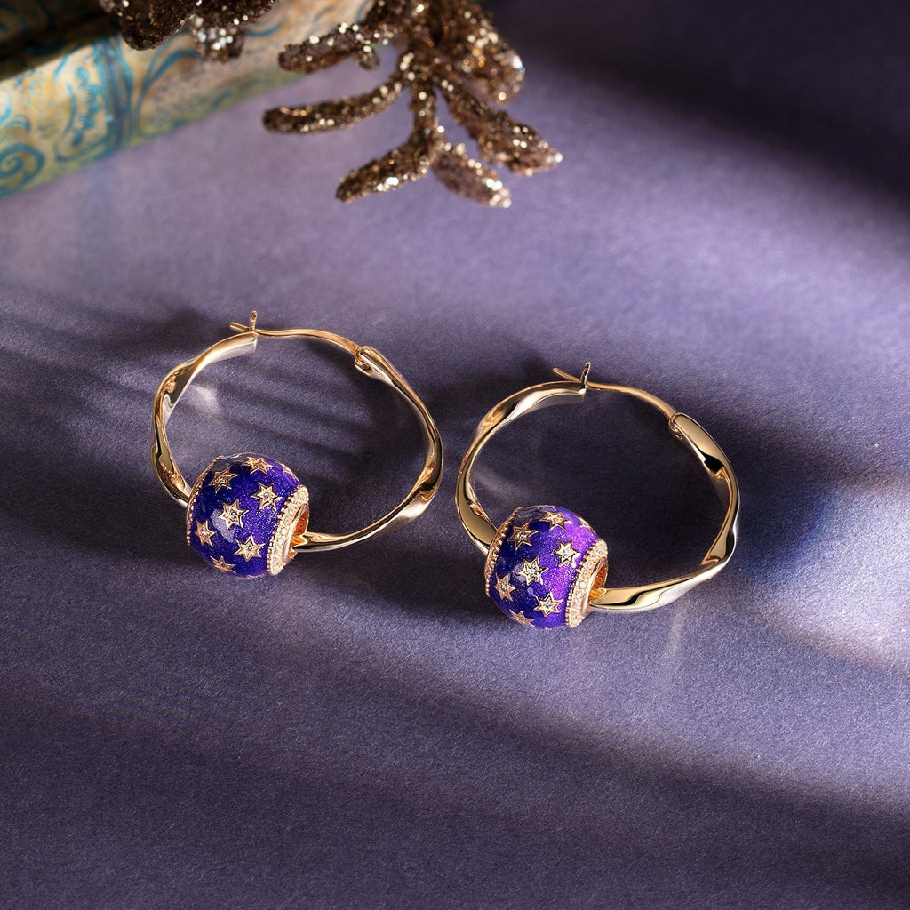 Violet Starry Sky Tarnish-Resistant Silver Charms Earrings Set L Size Classic Hoop Earrings with Sterling Silver Ear Post In 14K Gold Plated