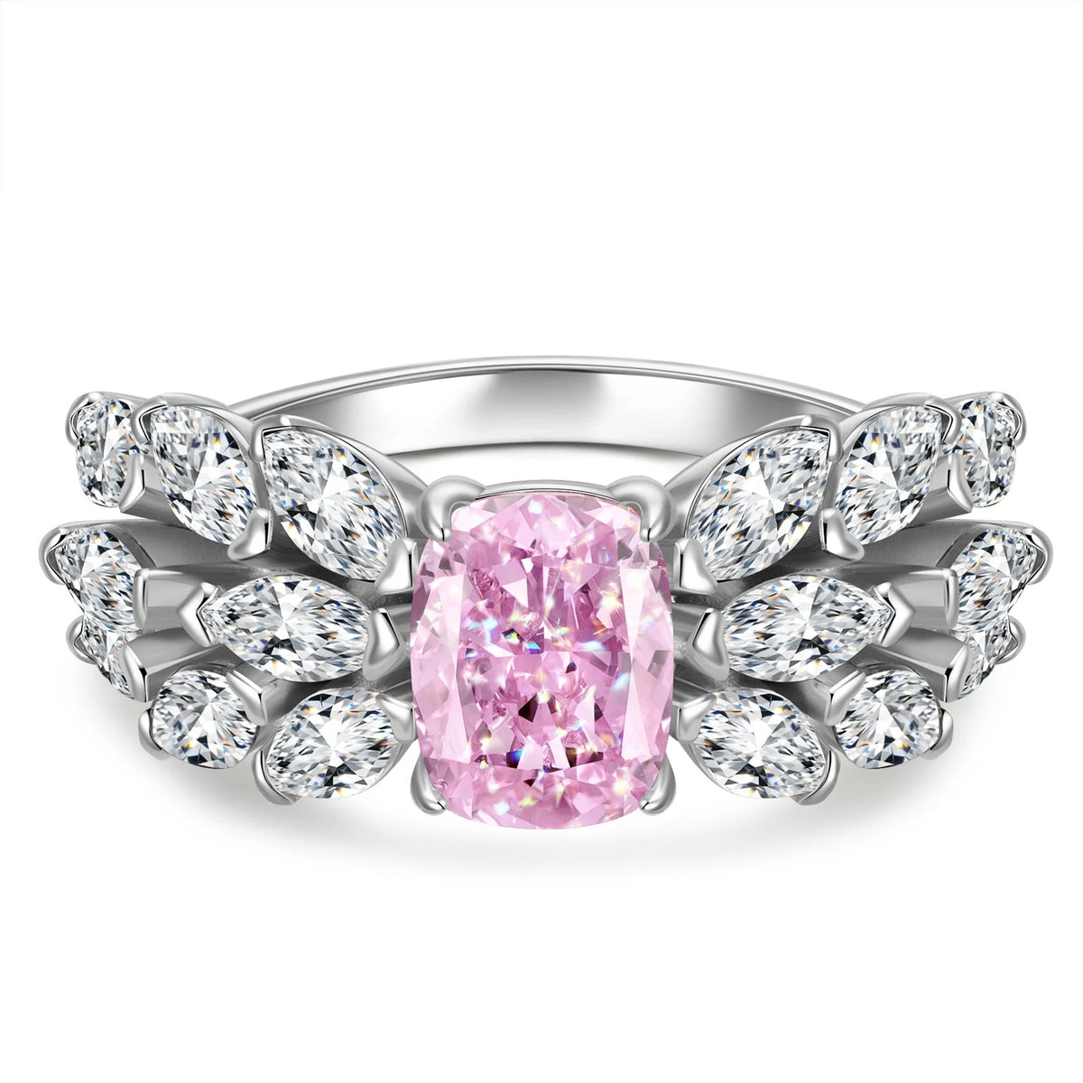 6×8mm Cushion Modified Brilliant Cut Fancy Vivid Pink Ice-Frosted Sparkle Lab Zircon Pavé Classic Engagement Ring – White Gold Plated