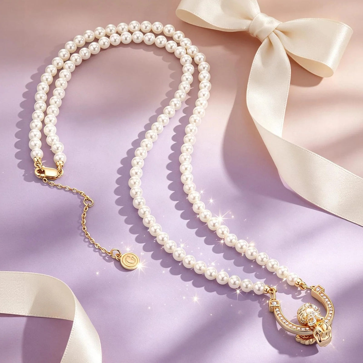 Horseshoe Tarnish-Resistant Silver Pearl Little Angel Charms Necklace Set – 14K Gold Plated