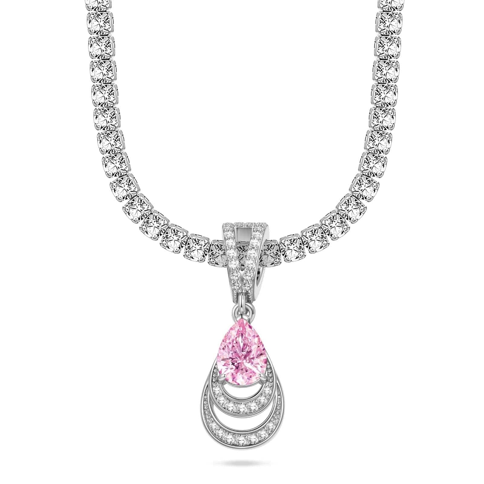 Sterling Silver Tennis Chain Mermaid’s Tear Charms Necklace Set – White Gold Plated