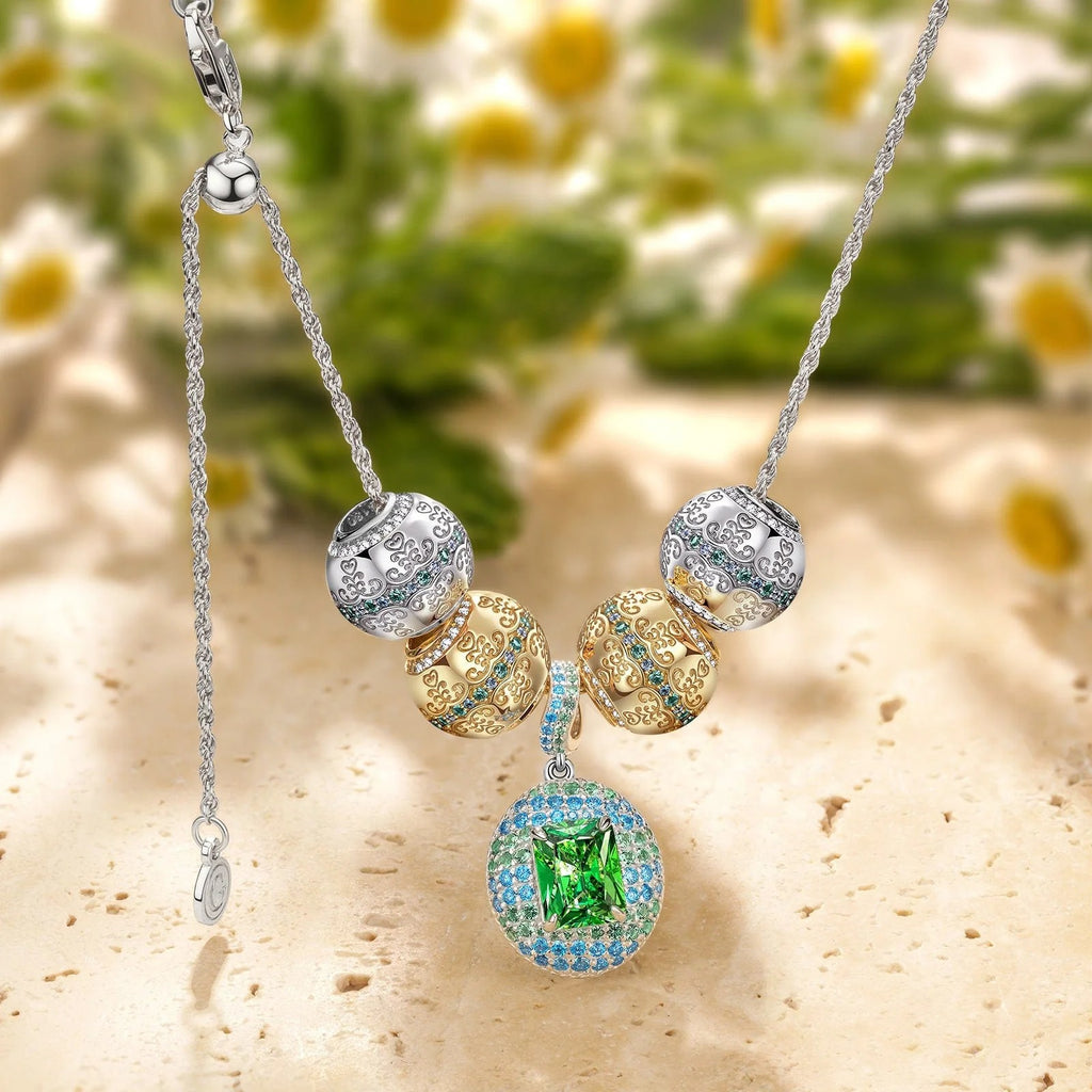 Sterling Silver Adjustable Rope Chain Flourishing Vine Charms Necklace Set – Dual Plating in 14K Gold & White Gold