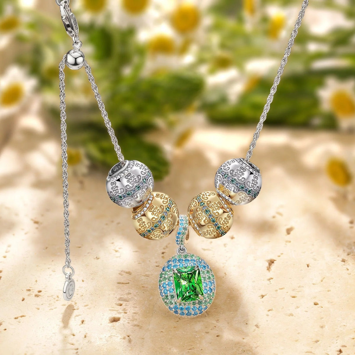 Sterling Silver Adjustable Rope Chain Flourishing Vine Charms Necklace Set – Dual Plating in 14K Gold & White Gold