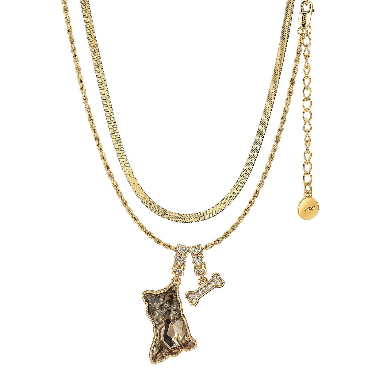 Sterling Silver Yorkie Love Charms Necklace Set with Crystal from Swarovski – 14K Gold Plated