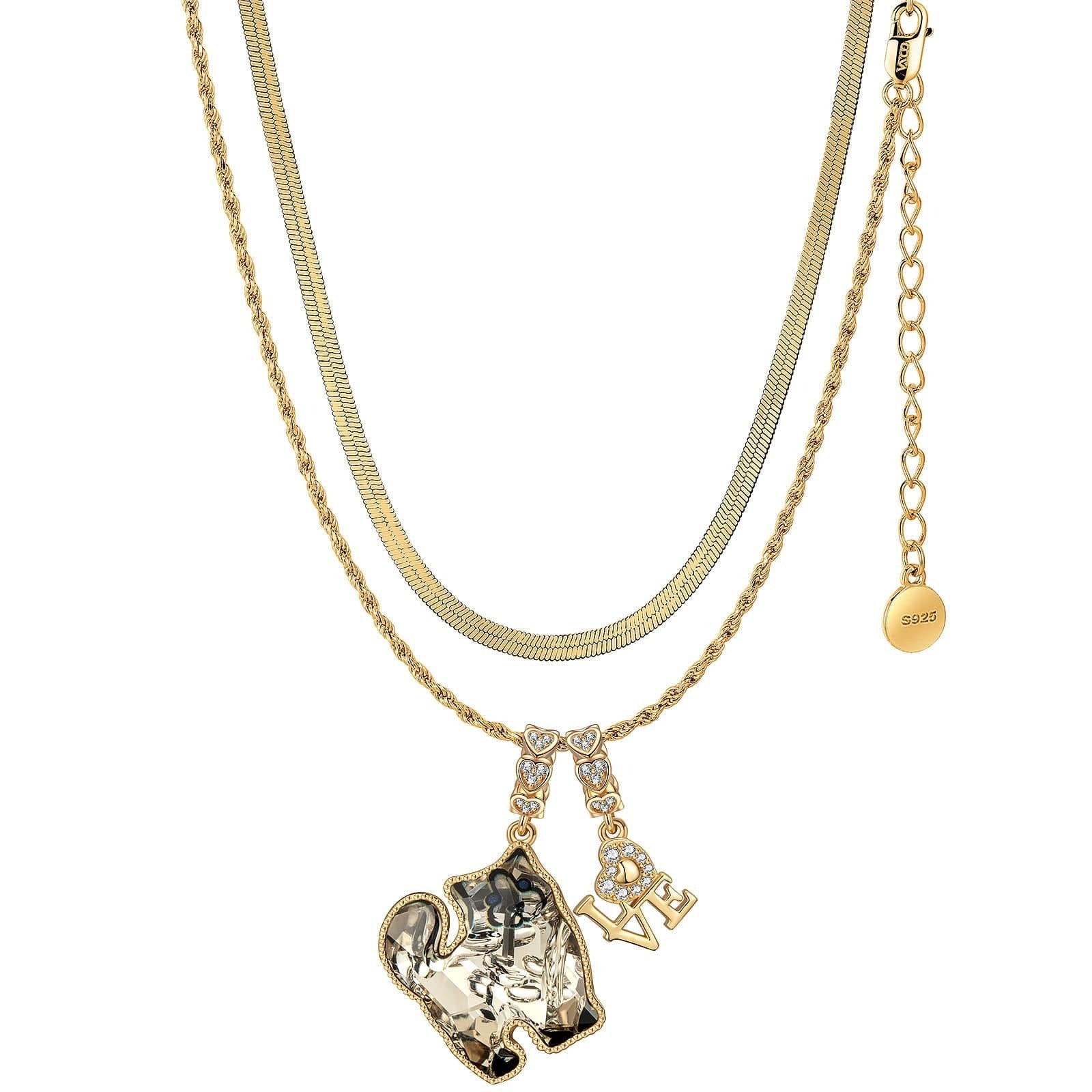 Sterling Silver Feline Elegance Charms Necklace Set with Crystal from Swarovski – 14K Gold Plated