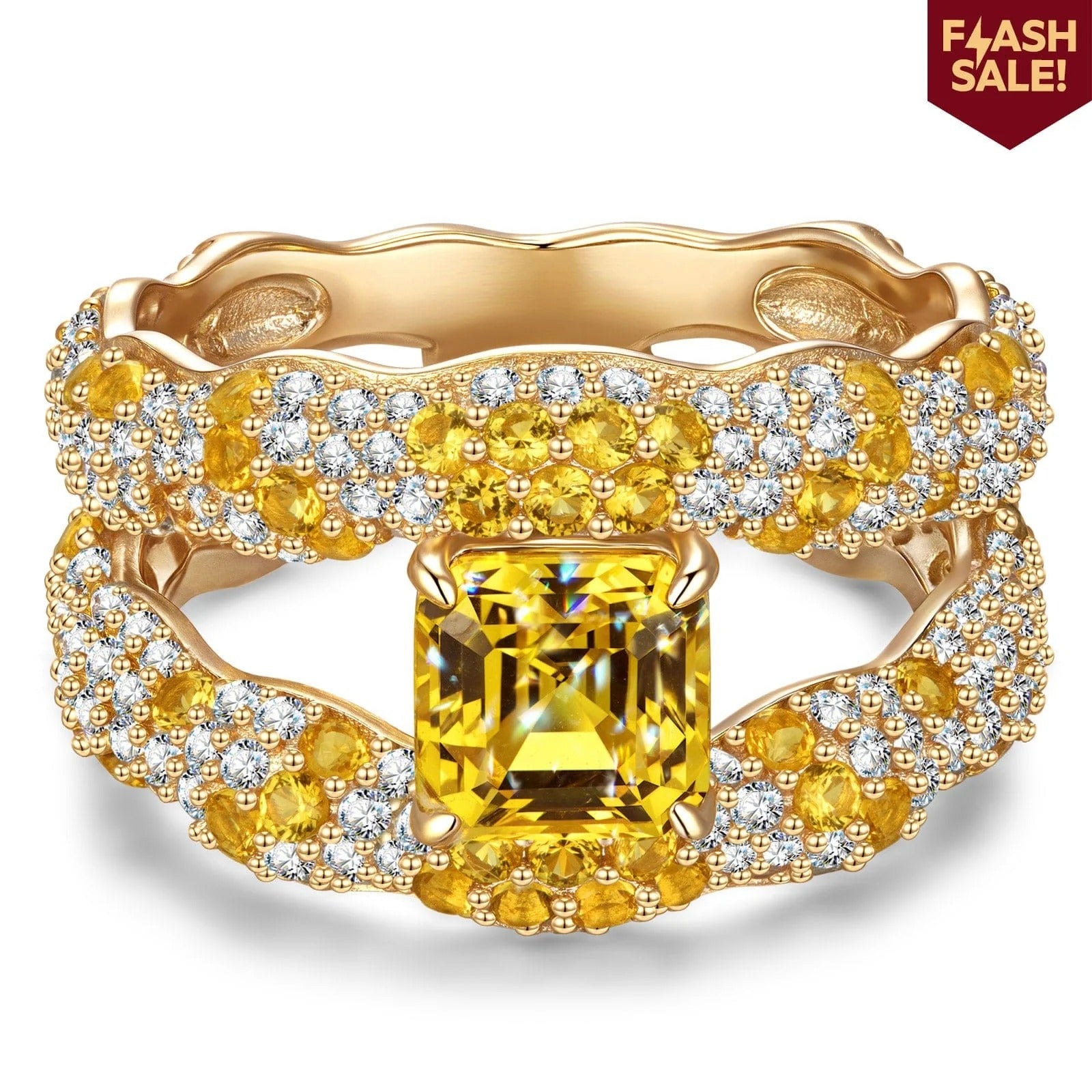 Solara Splendor Asscher Cut Vivid Yellow Lab-Certified Yellow Sapphire Pavé Classic Engagement Ring – 14K Yellow Gold Plated