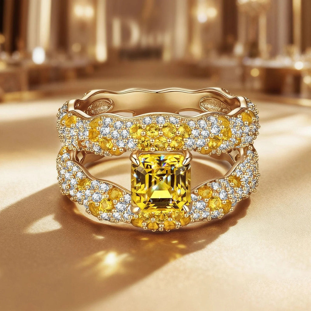 Solara Splendor Asscher Cut Vivid Yellow Lab-Certified Yellow Sapphire Pavé Classic Engagement Ring – 14K Yellow Gold Plated