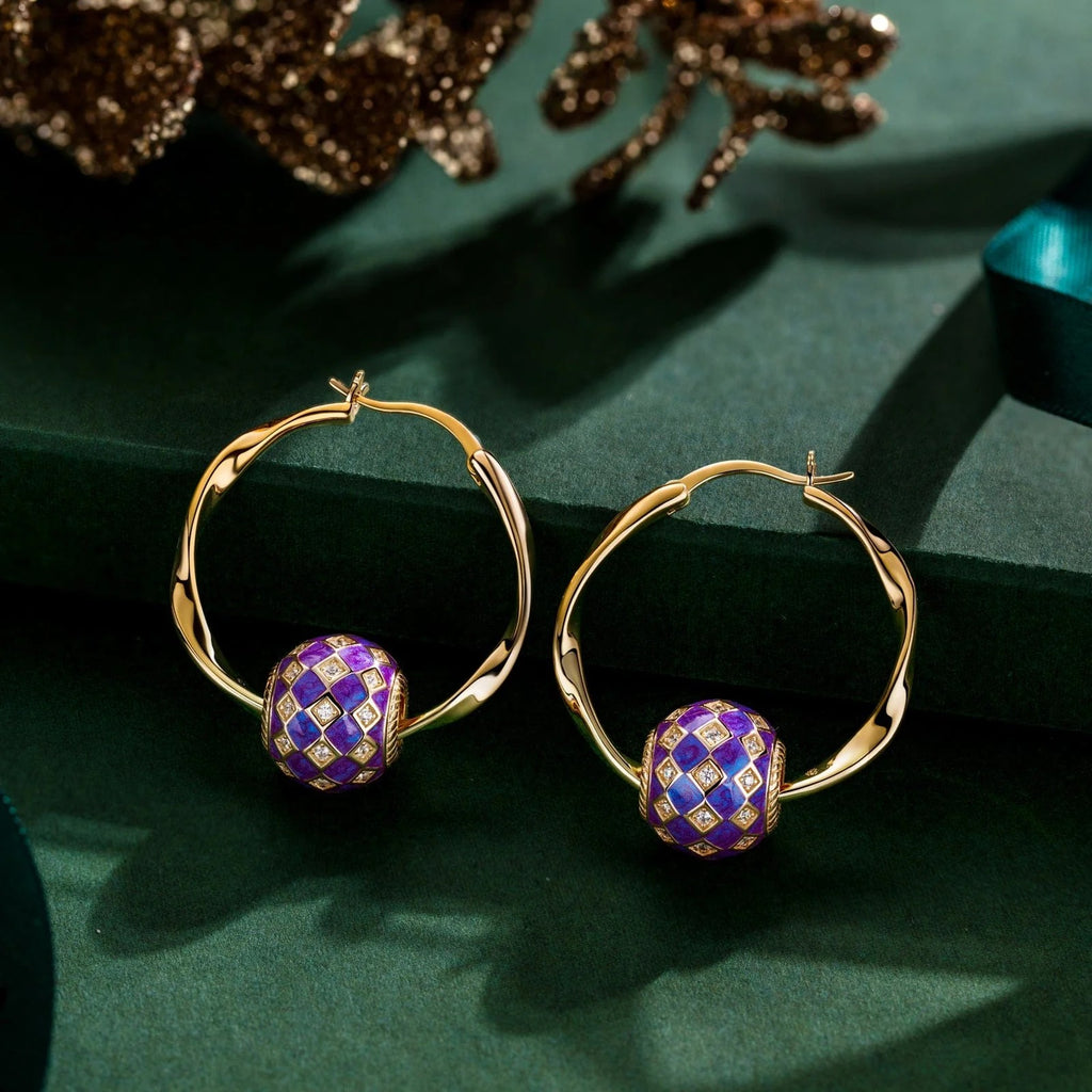 Purple Magic City Tarnish-Resistant Silver Charms Earrings Set M Size Classic Hoop Earrings with Sterling Silver Ear Post With Enamel In 14K Gold Plated