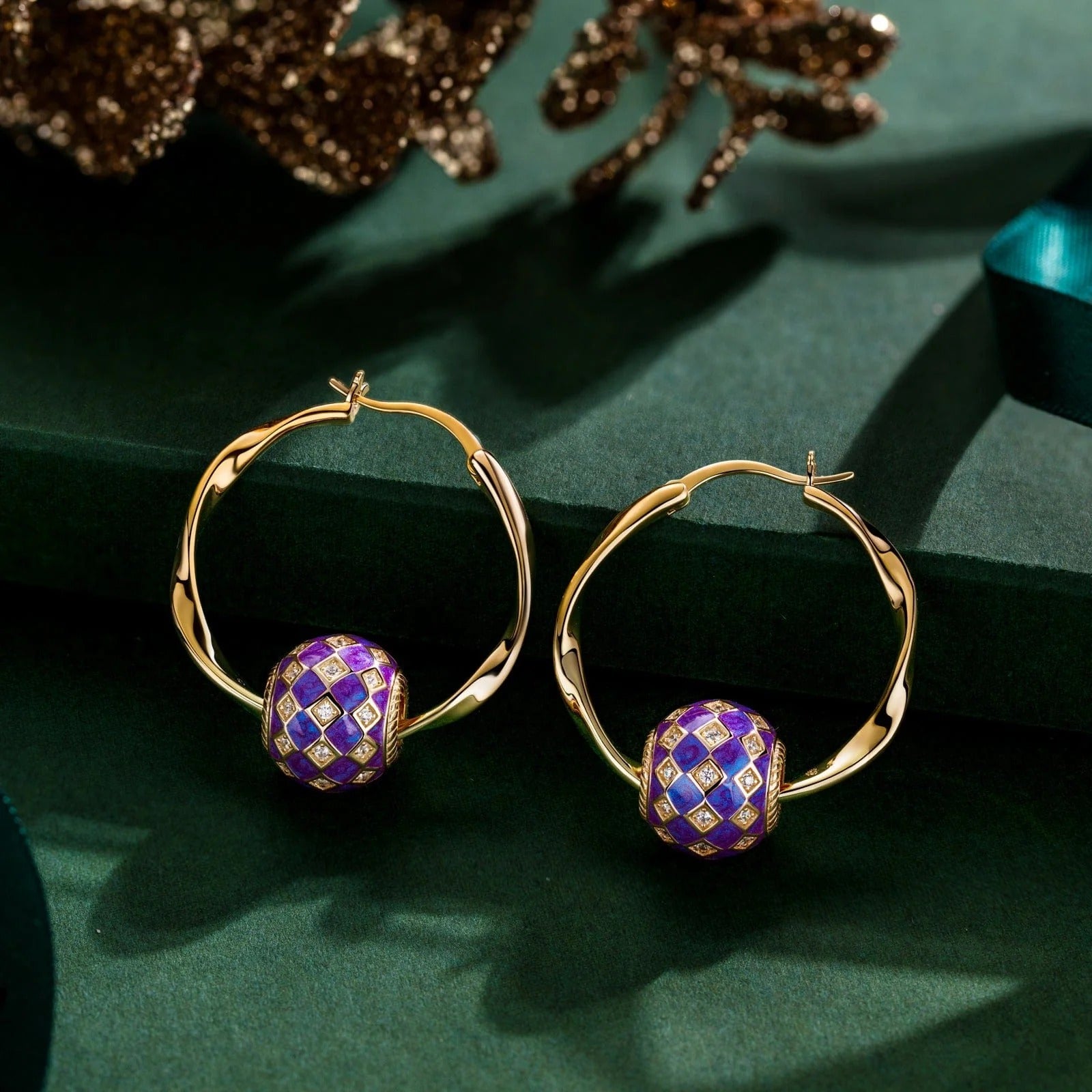 Purple Magic City Tarnish-Resistant Silver Charms Earrings Set M Size Classic Hoop Earrings with Sterling Silver Ear Post With Enamel In 14K Gold Plated