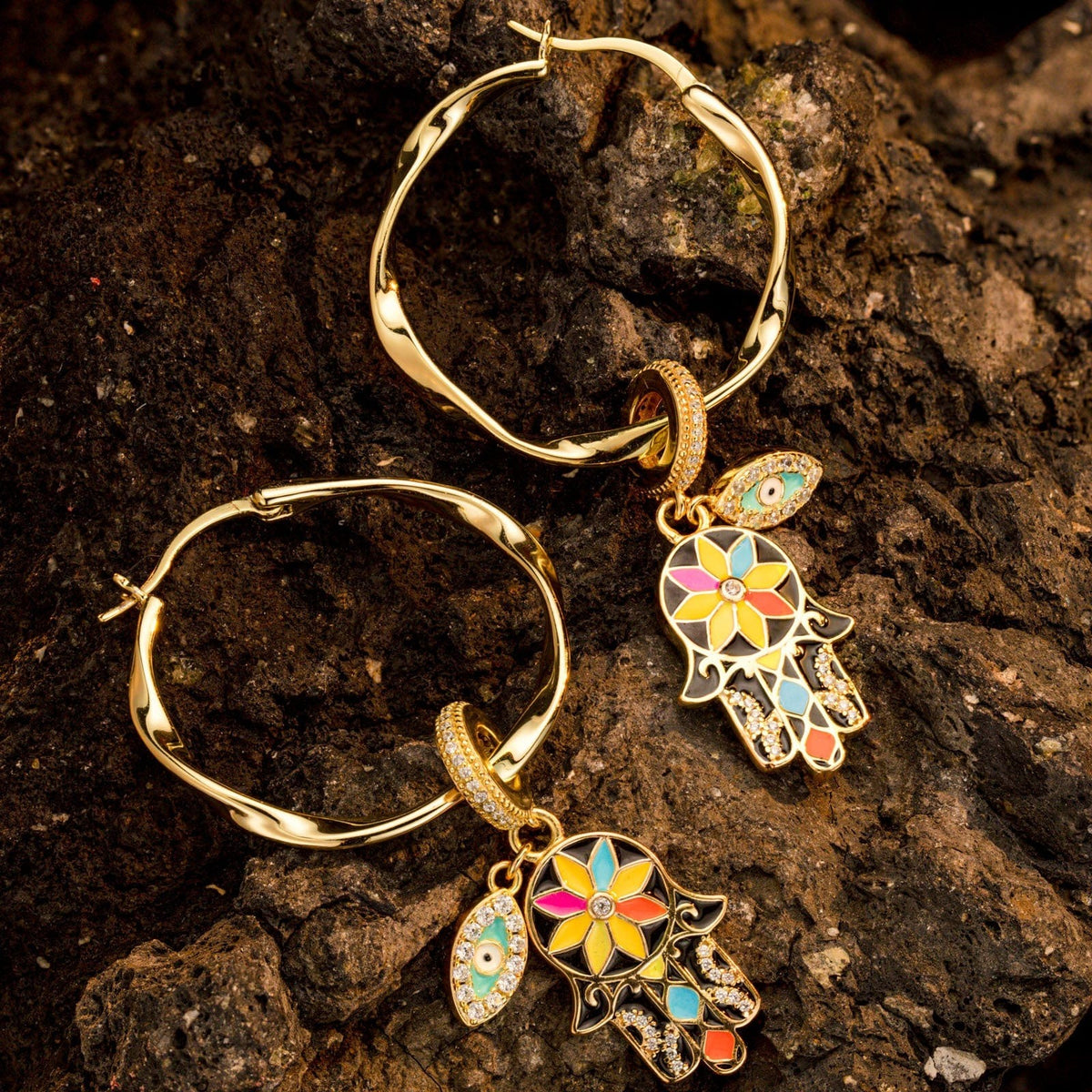 Lucky Hamsa Tarnish-Resistant Silver Charms Earrings Set with Sterling Silver Ear Post With Enamel In 14K Gold Plated