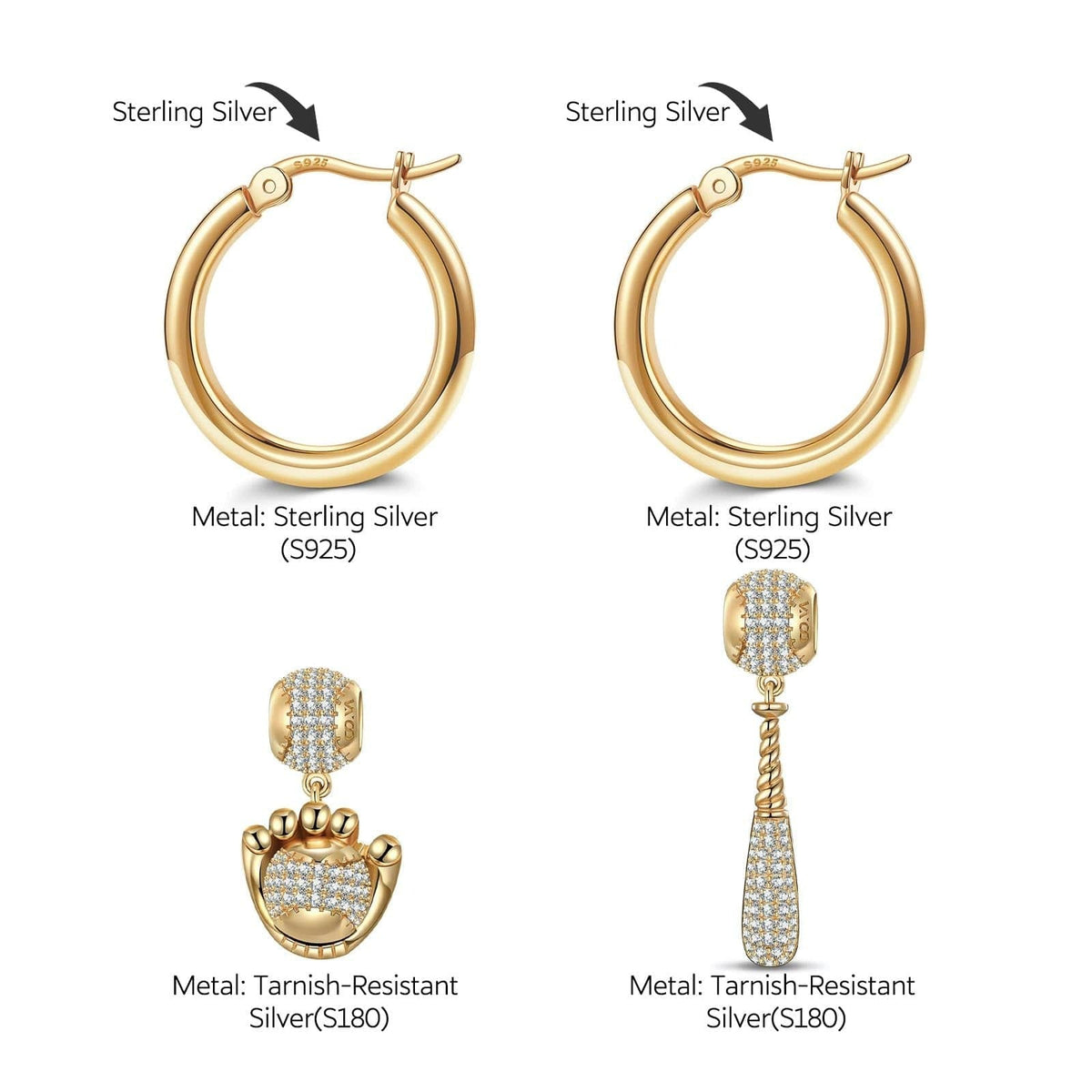 Sterling Silver Vitality of Baseball Charms Earrings Set In 14K Gold Plated