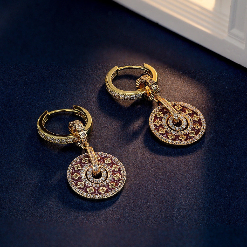 Sterling Silver Elegant Clover Charms Earrings Set With Enamel In 14K Gold Plated