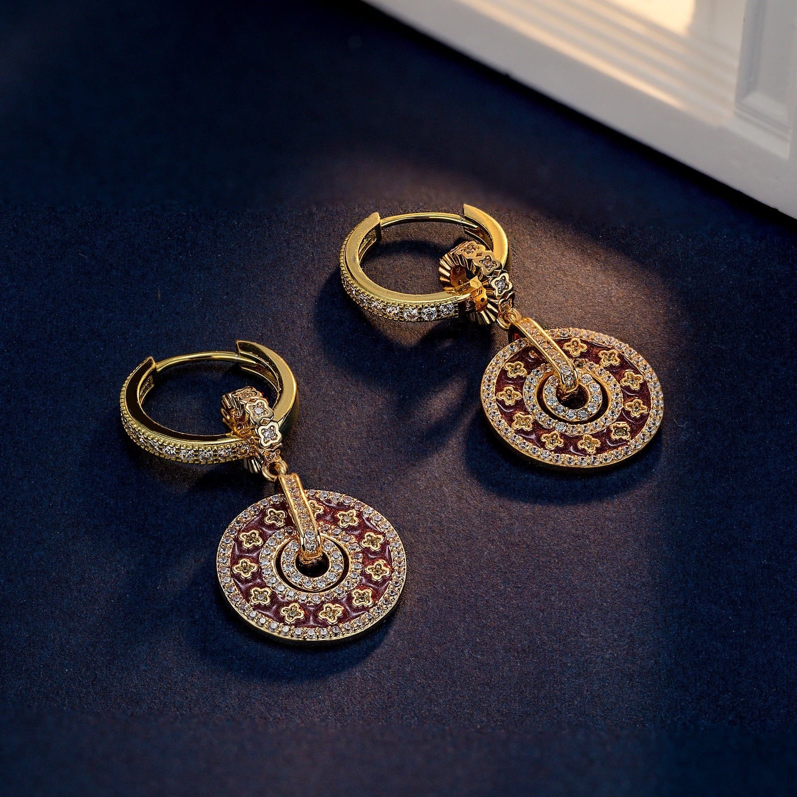 Sterling Silver Elegant Clover Charms Earrings Set With Enamel In 14K Gold Plated
