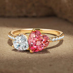 Heart Brilliant Cut Lab-Certified Padparadscha Sapphire & Moissanite Two Stone Classic Engagement Ring – 14K Yellow Gold Plated