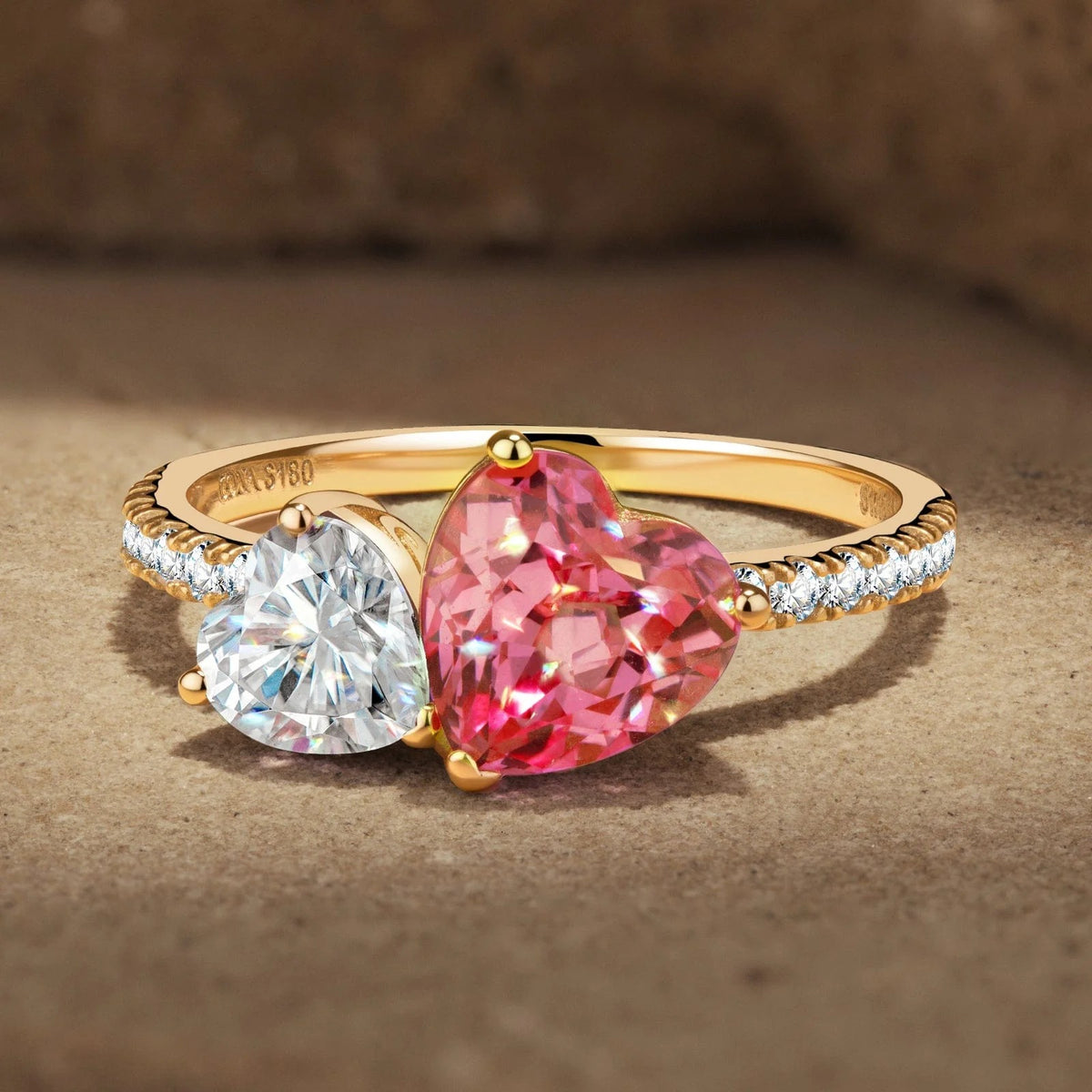 Heart Brilliant Cut Lab-Certified Padparadscha Sapphire & Moissanite Two Stone Classic Engagement Ring – 14K Yellow Gold Plated