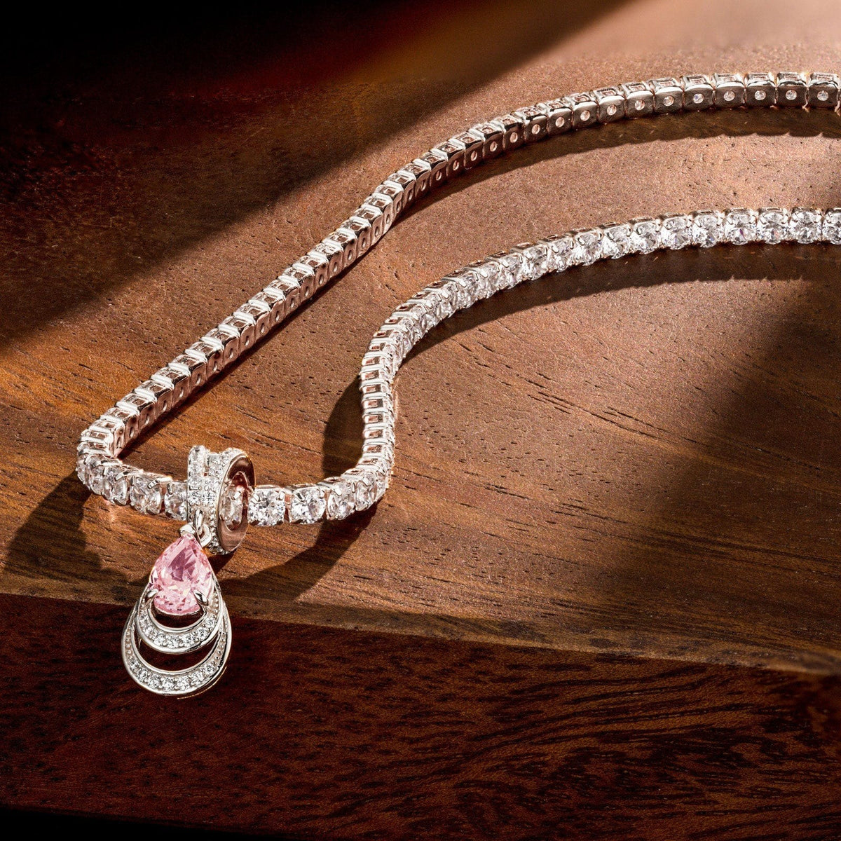 Sterling Silver Tennis Chain Mermaid’s Tear Charms Necklace Set – White Gold Plated