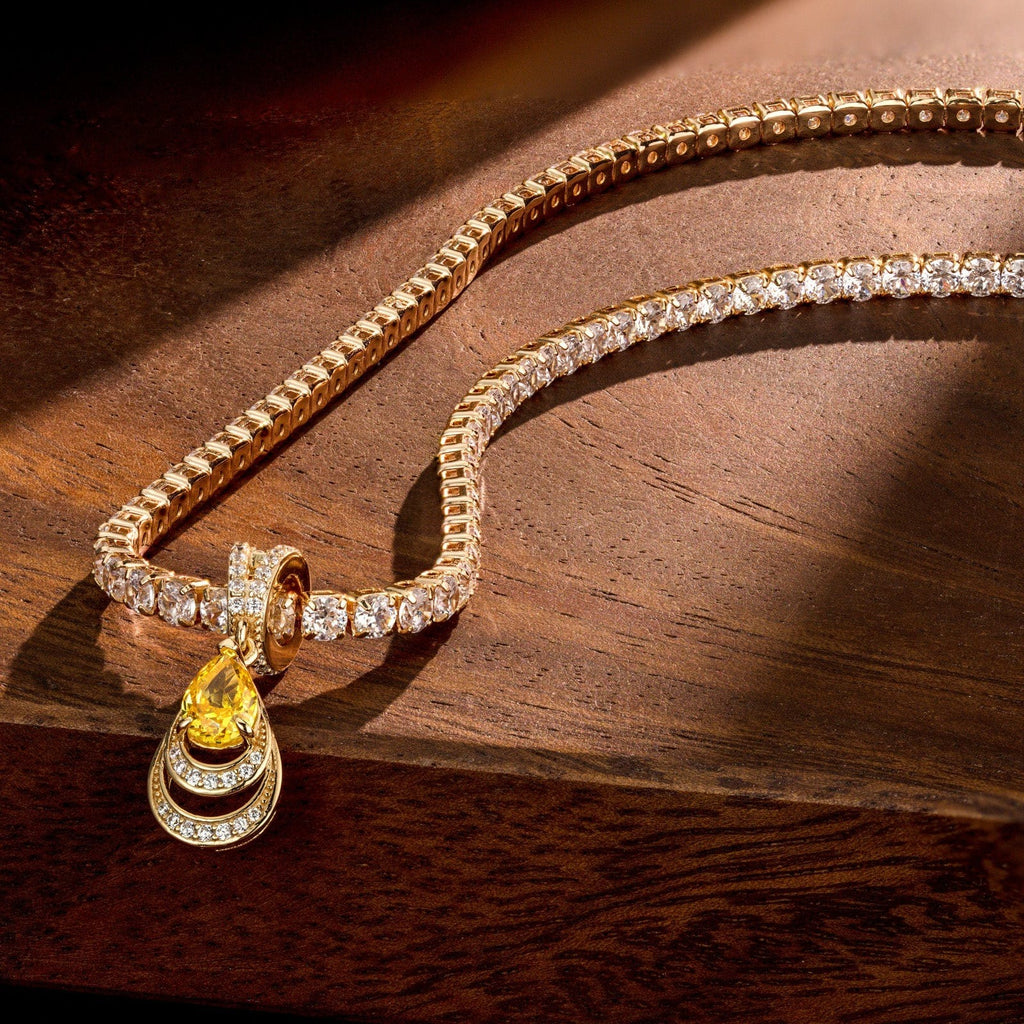 Sterling Silver Tennis Chain Mermaid’s Tear Charms Necklace Set – 14K Gold Plated